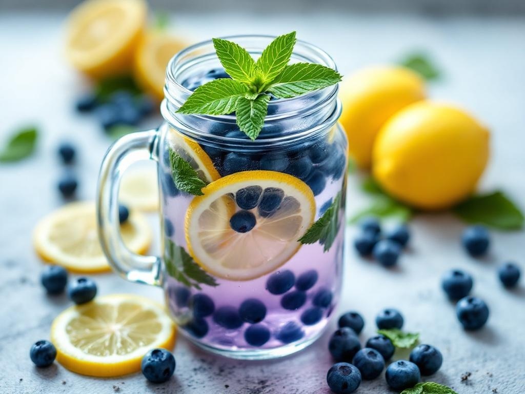A refreshing blueberry mint lemonade mocktail in a glass with lemon slices and mint leaves.