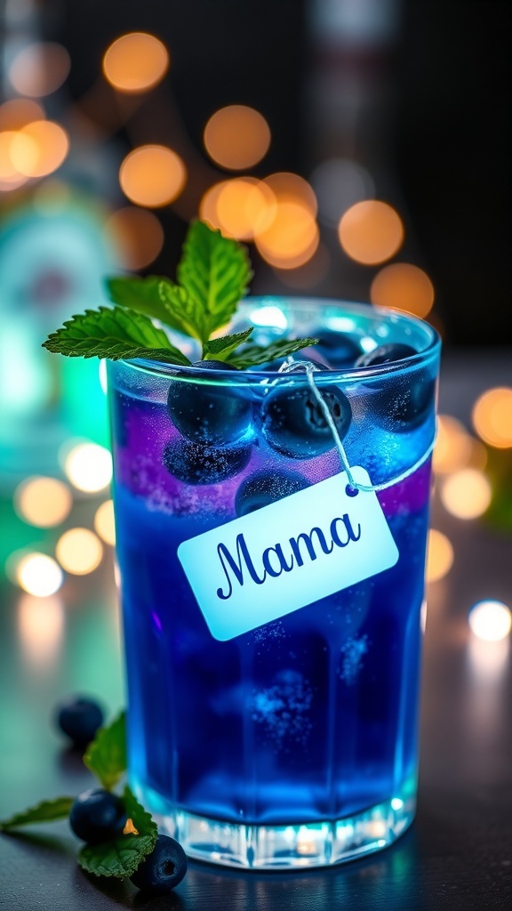 A refreshing blueberry mint mocktail in a glass with mint leaves and blueberries on the side