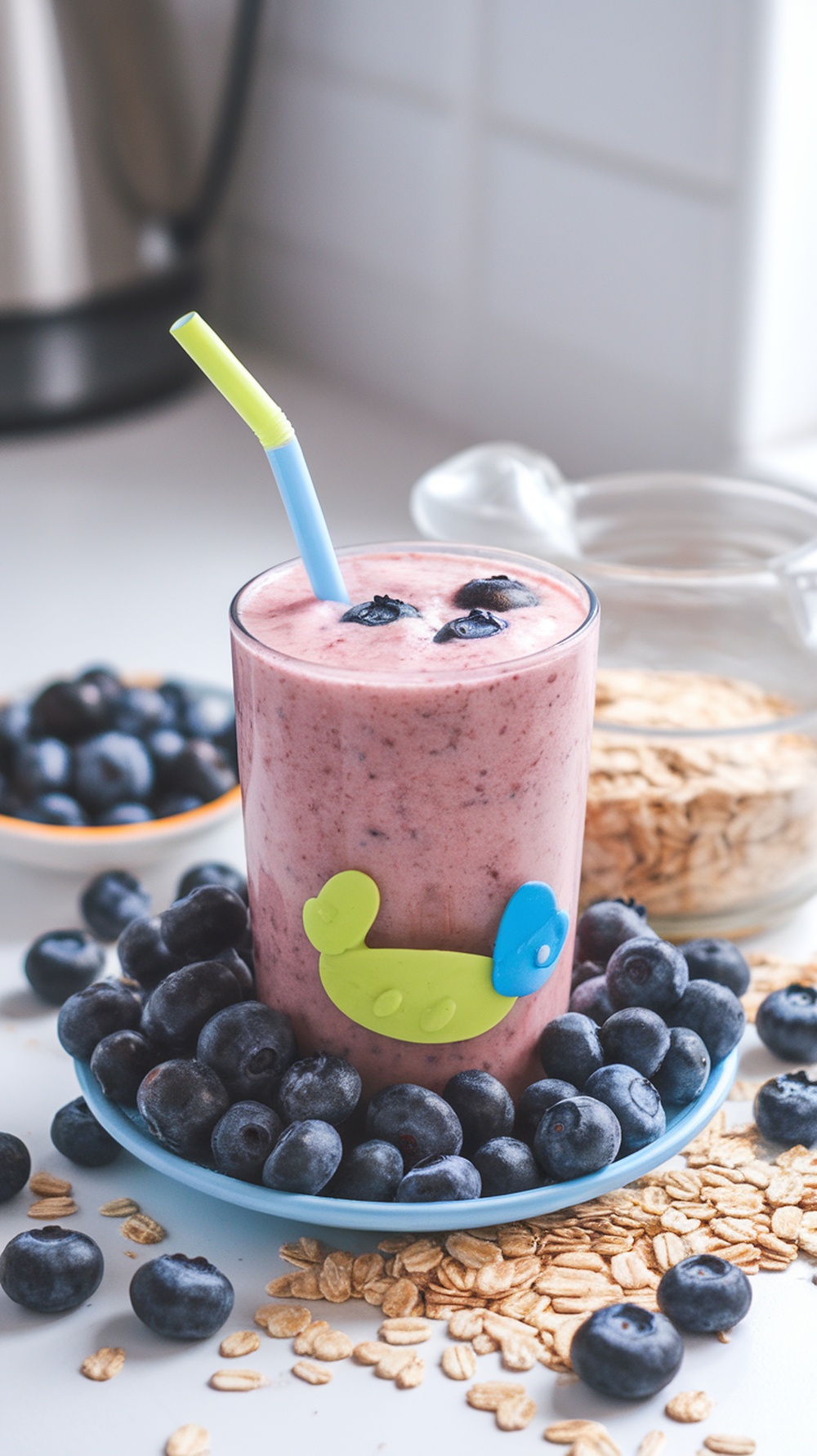 A colorful smoothie with blueberries and oats, perfect for toddlers.