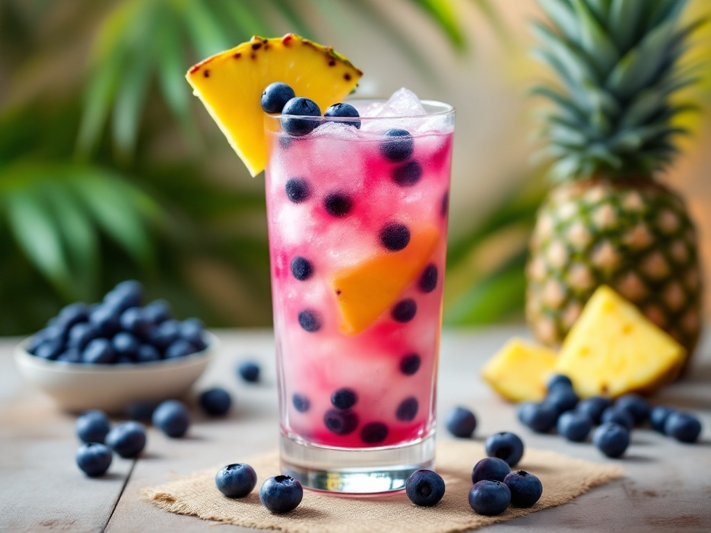 A refreshing Blueberry Pineapple Twist Mocktail in a tall glass with blueberries and pineapple slices.