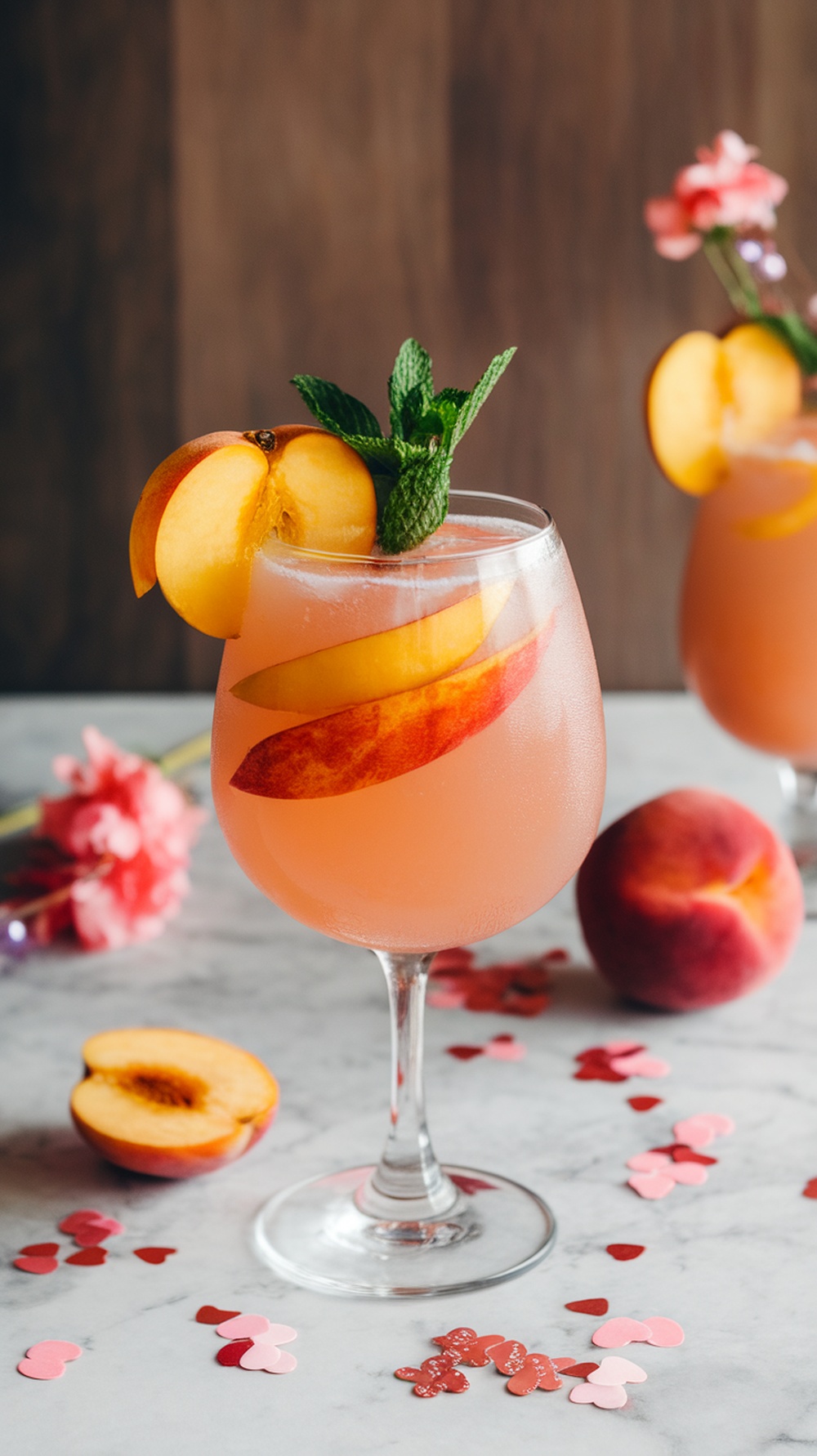 A refreshing Blush Peach Friendship Fizz Mocktail garnished with peach slices and mint.
