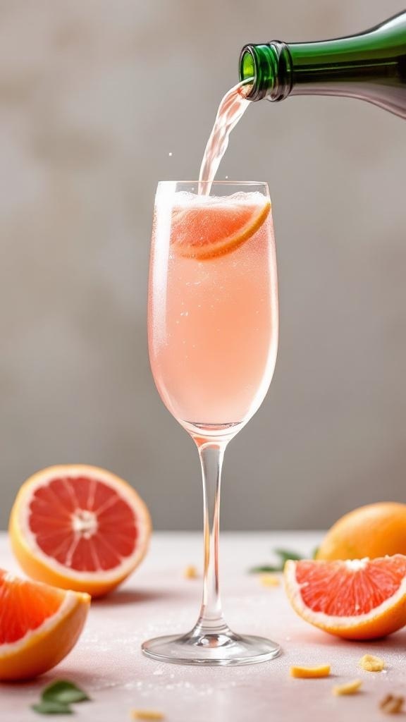 A glass of Blushing Grapefruit Mocktail with grapefruit slices around it.