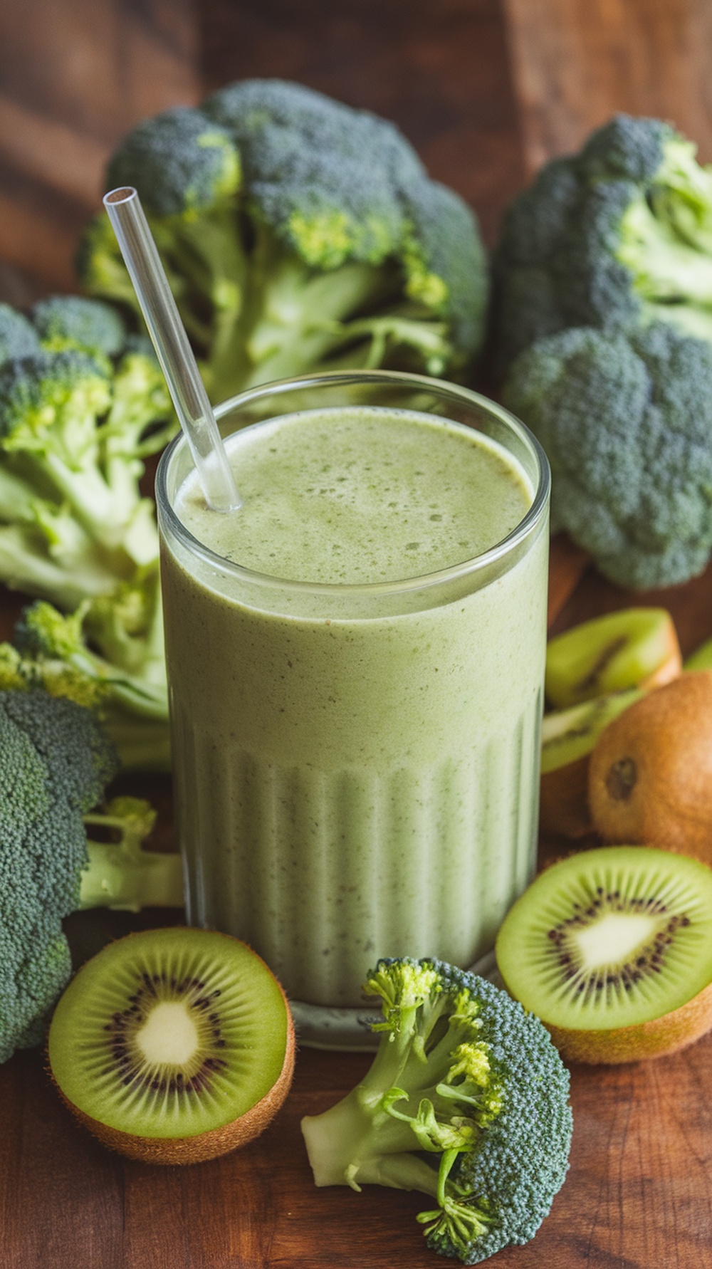 A glass of green smoothie surrounded by broccoli and kiwi slices.