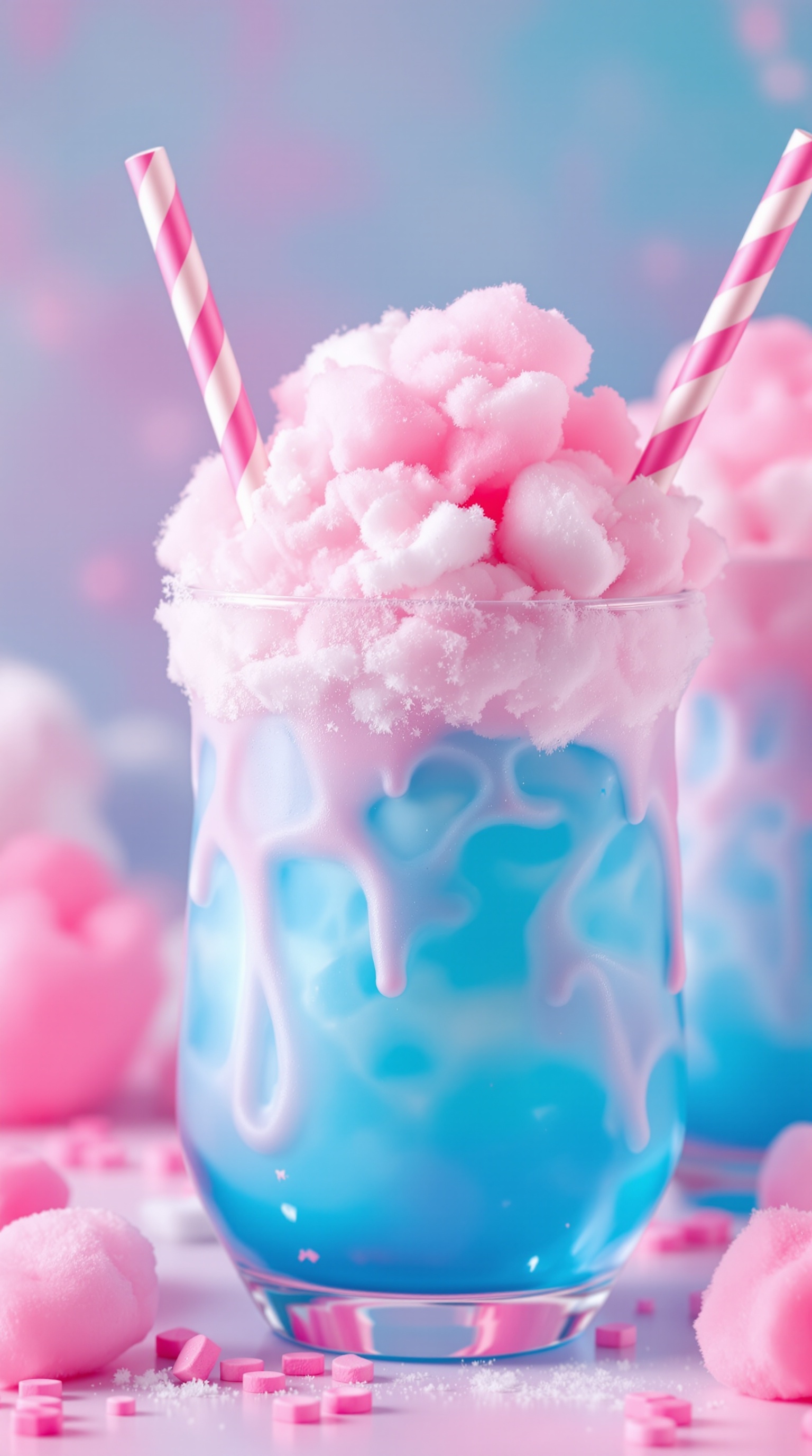 A colorful mocktail topped with cotton candy and a straw