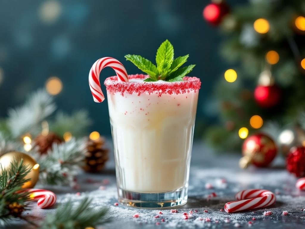 A festive Candy Cane Mocktail garnished with a candy cane and mint leaves, surrounded by holiday decorations.