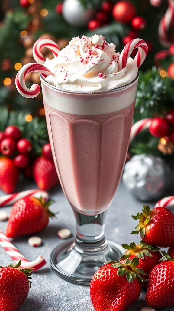 A festive Candy Cane Strawberry Smoothie topped with whipped cream and candy canes, surrounded by strawberries and holiday decorations.