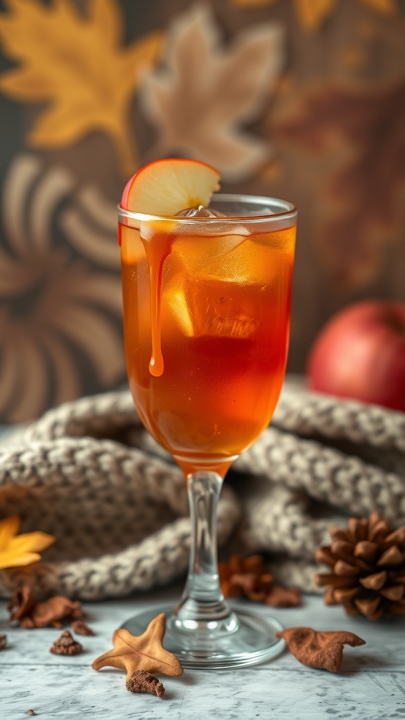 A glass of caramel apple cider mocktail with an apple slice garnish, surrounded by autumn leaves and pine cones.