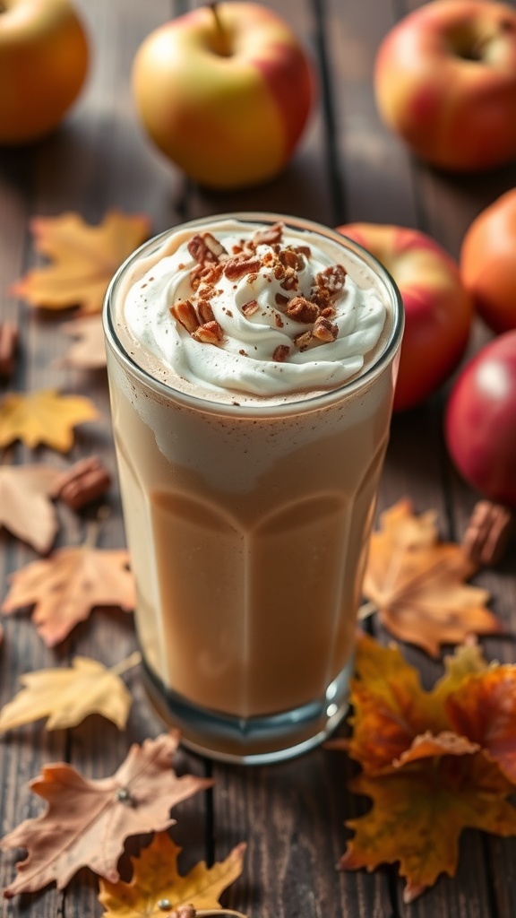 A delicious caramel apple pecan smoothie topped with whipped cream and pecans, surrounded by apples and autumn leaves.