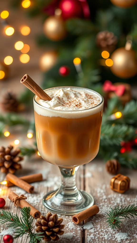 A glass of Caramel Cinnamon Mocktail with whipped cream and a cinnamon stick, surrounded by festive decorations.