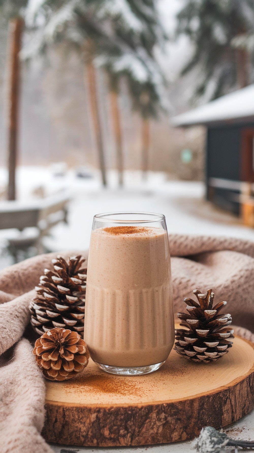 A glass of caramel cinnamon oat smoothie with pinecones and a cozy blanket in a winter setting.
