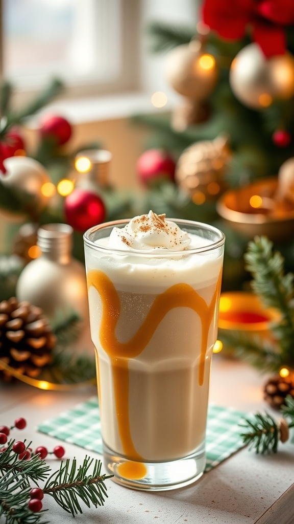 A glass of caramel eggnog mocktail decorated with whipped cream and caramel drizzle, surrounded by holiday decorations.