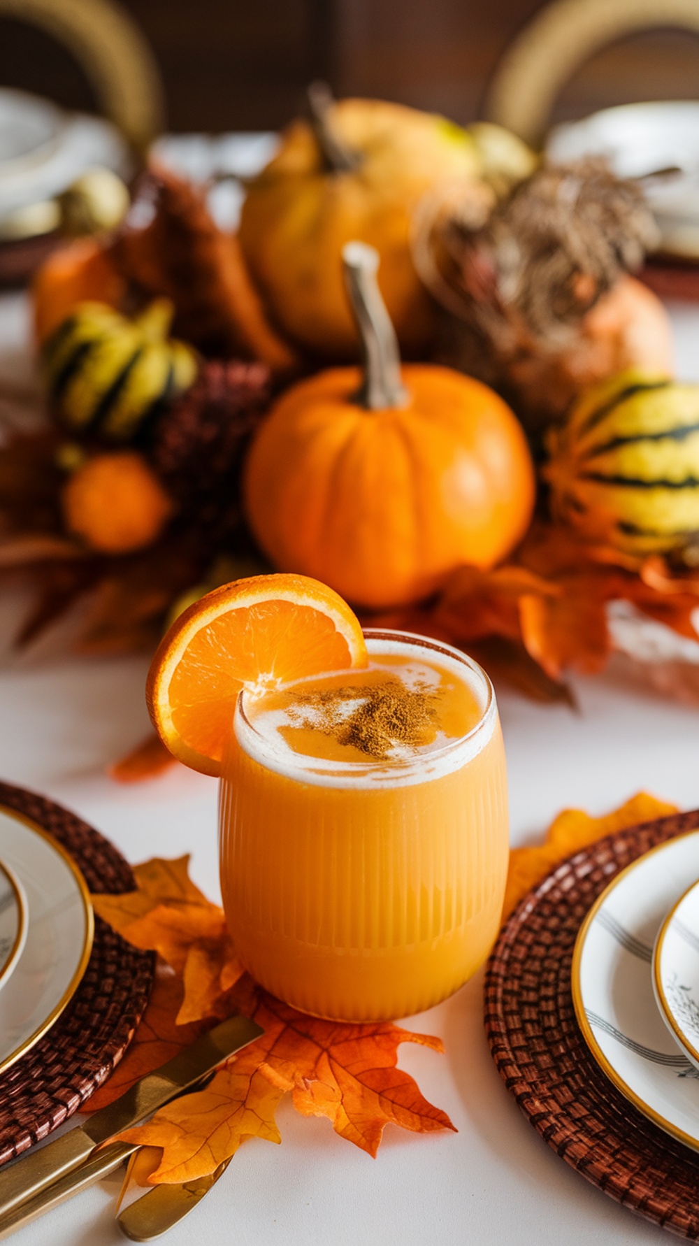 A Cardamom Orange Mocktail garnished with an orange slice, surrounded by autumn decor.