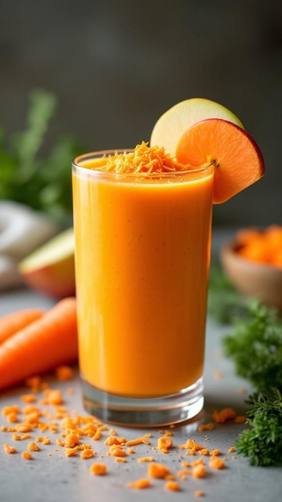 A vibrant carrot apple smoothie in a glass, garnished with apple slices and shredded carrot.