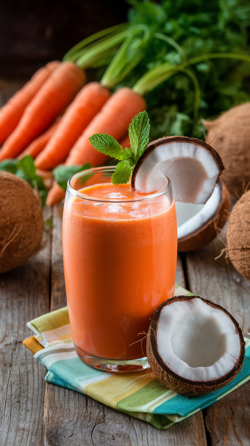 A glass of carrot coconut juice with a slice of coconut and fresh carrots in the background.