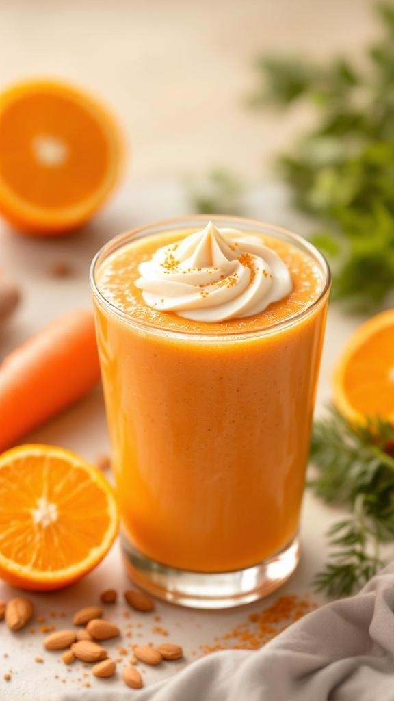 A vibrant Carrot Orange Cream Smoothie topped with whipped cream, surrounded by fresh oranges and carrots.