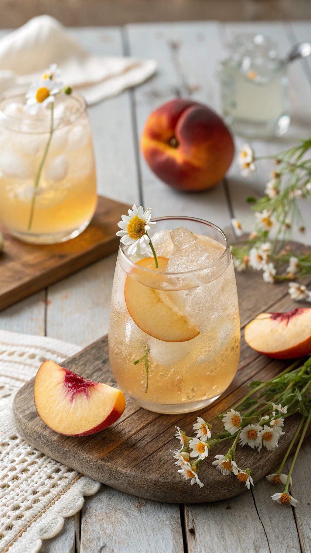 Chamomile Peach Calm Mocktail with peach slices and flowers