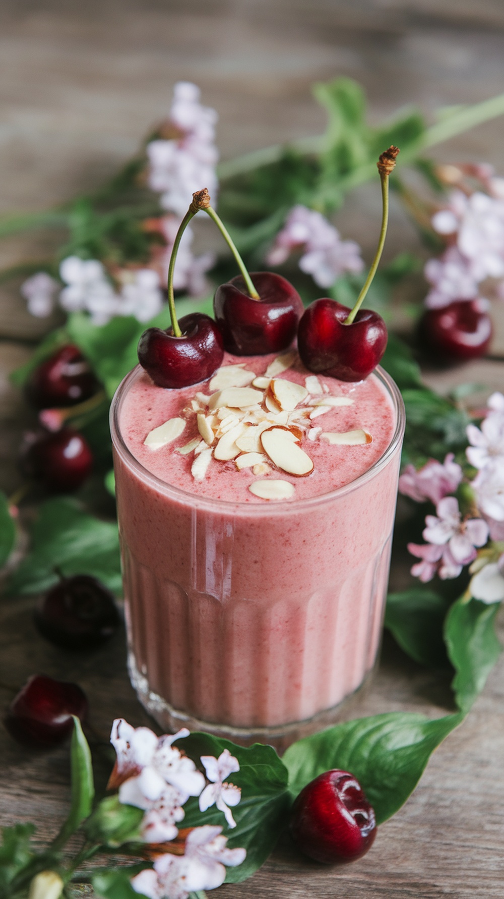 A Cherry Almond Bloom Smoothie topped with cherries and almonds, surrounded by flowers.