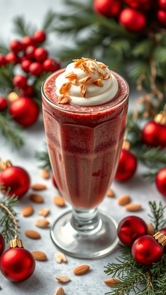 A festive Cherry Almond Noel Smoothie topped with whipped cream and almonds, surrounded by Christmas decorations.