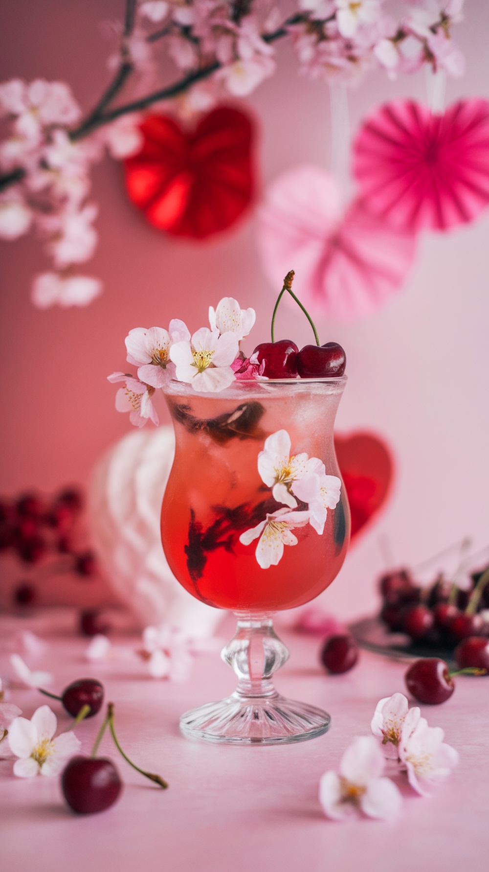 A vibrant Cherry Blossom Bestie Mocktail garnished with cherry and flowers.