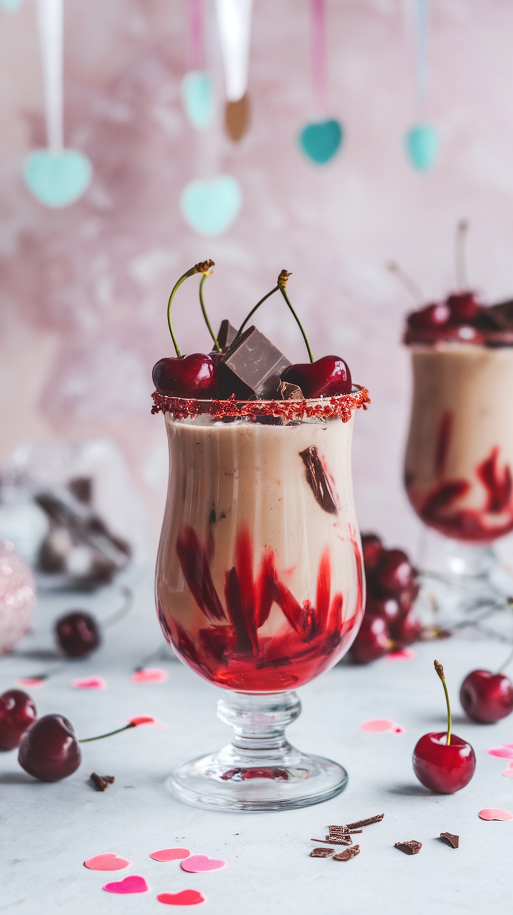 A Cherry Chocolate Crush Mocktail garnished with cherries and chocolate.