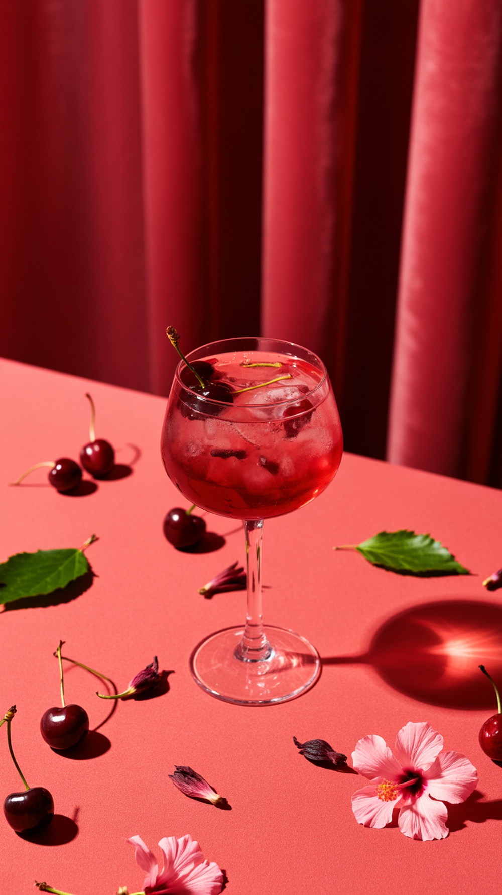 A Cherry Hibiscus Harmony Mocktail in a glass with cherries and hibiscus flowers around it.