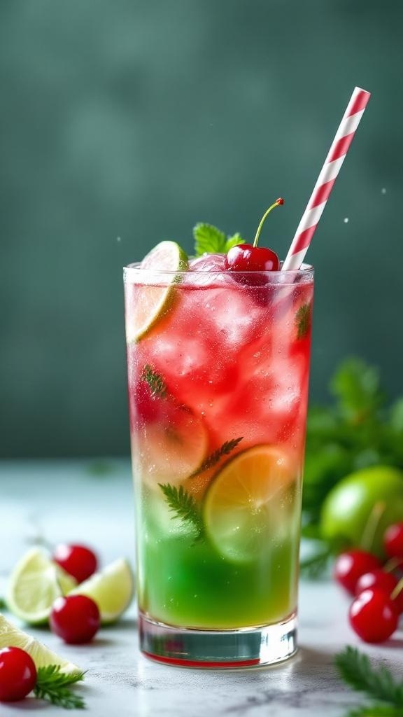 A colorful Cherry Limeade Twist Mocktail with cherries and lime slices