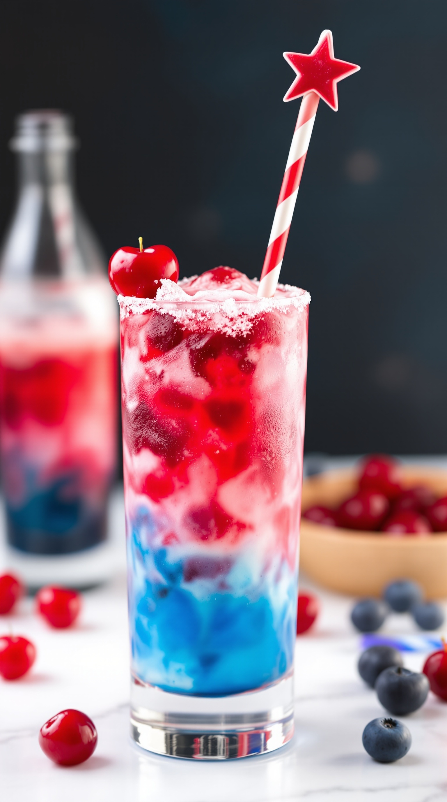 A vibrant Cherry Rocket Pop Mocktail with layers of red and blue, topped with a cherry and a star straw.