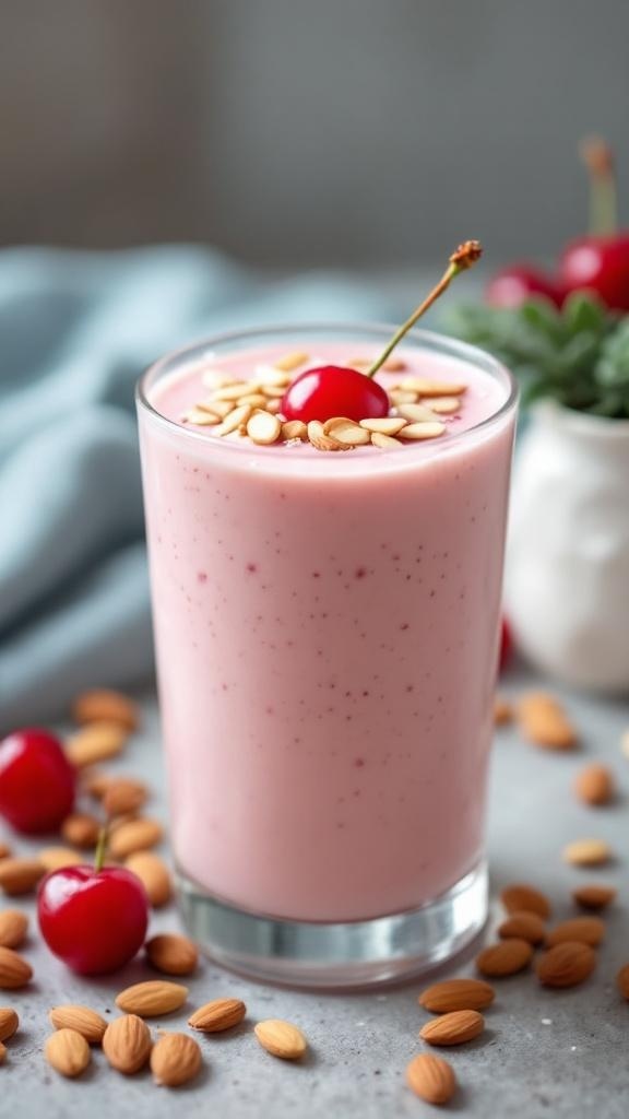 A glass of Cherry Vanilla Almond Smoothie topped with a cherry and almonds.