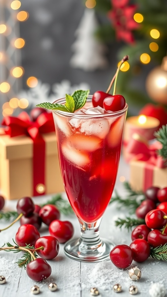 A Cherry Vanilla Mocktail garnished with cherries and mint, surrounded by festive decorations.