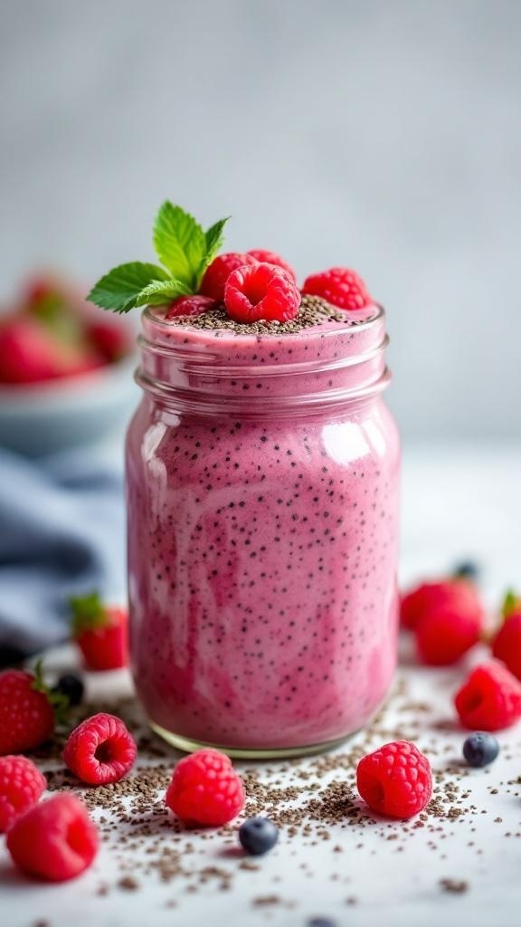 A vibrant chia berry low-carb smoothie topped with raspberries and mint leaves.