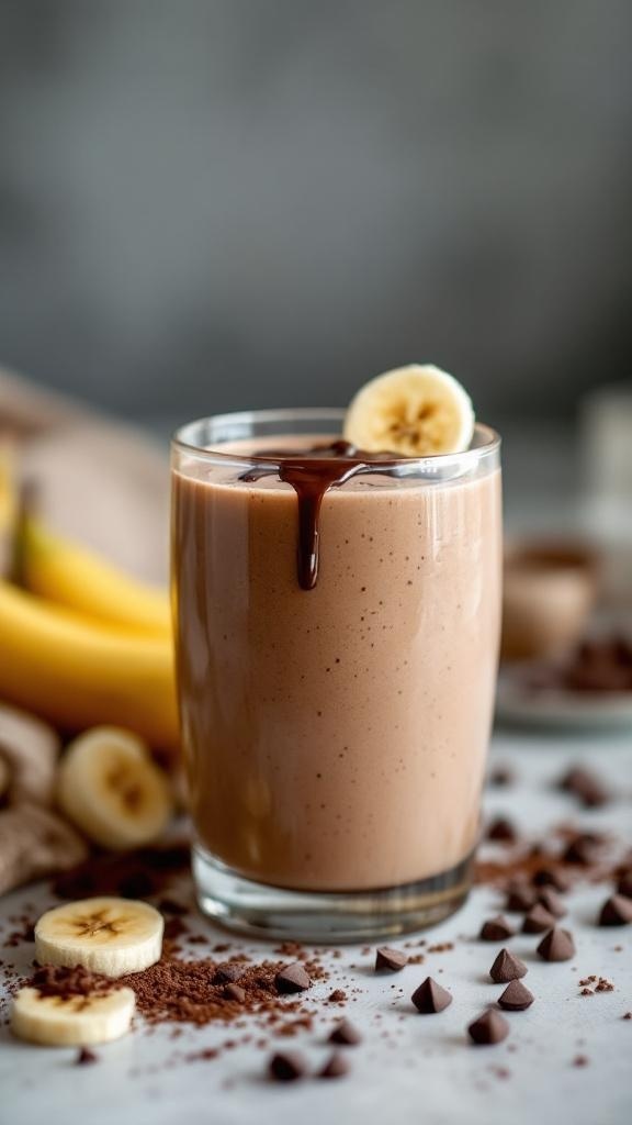A glass of chocolate banana protein smoothie with banana slices and chocolate chips.