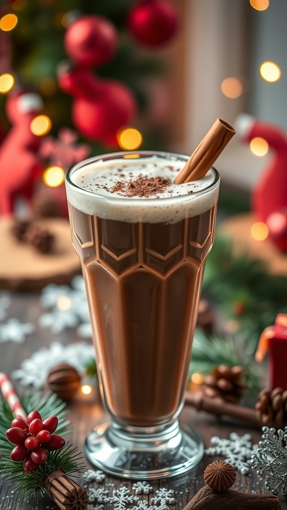 A festive chocolate cinnamon mocktail garnished with a cinnamon stick, surrounded by holiday decorations.