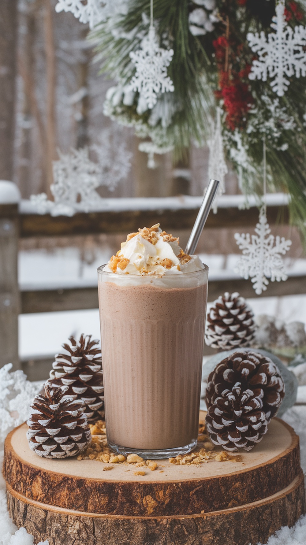 A glass of chocolate hazelnut smoothie topped with whipped cream and nuts, surrounded by pinecones and snowflakes.