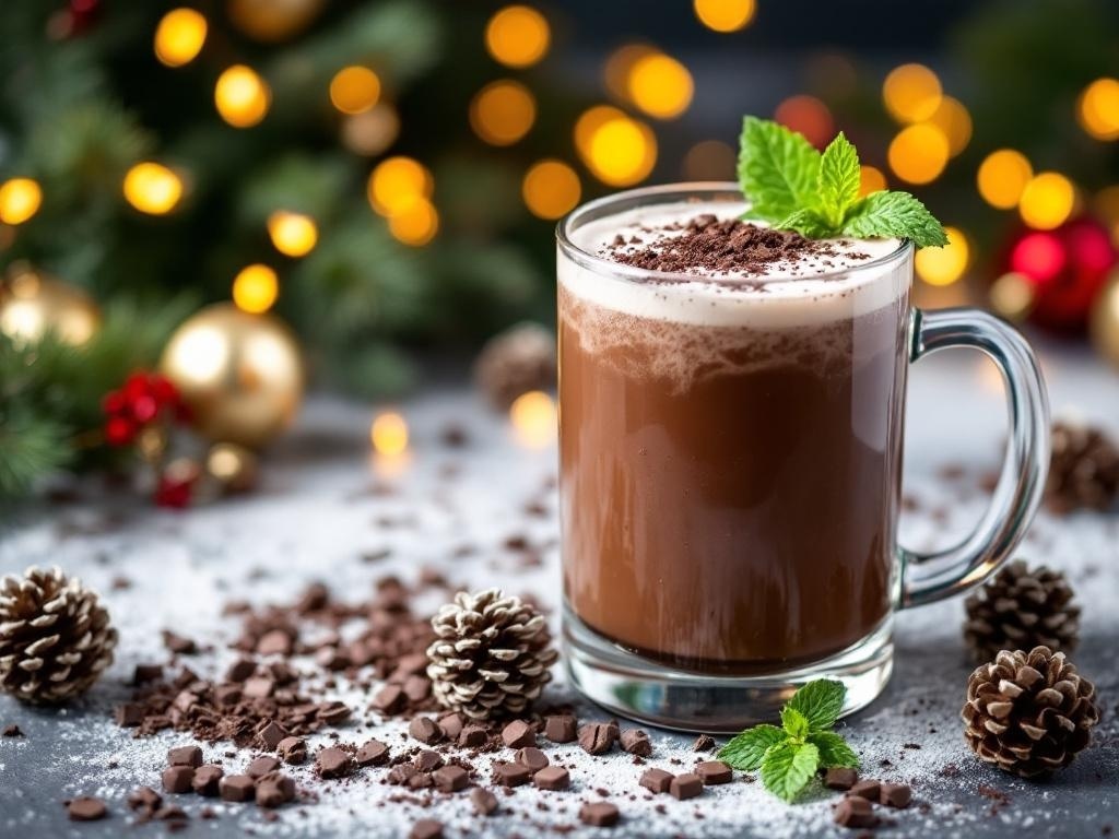 A glass of Chocolate Mint Mocktail garnished with mint leaves, surrounded by pinecones and Christmas decorations.