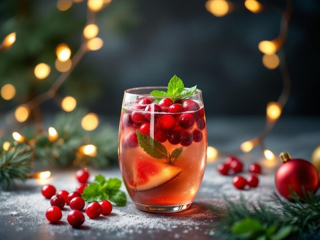 A festive Christmas punch mocktail with cranberries and mint leaves.
