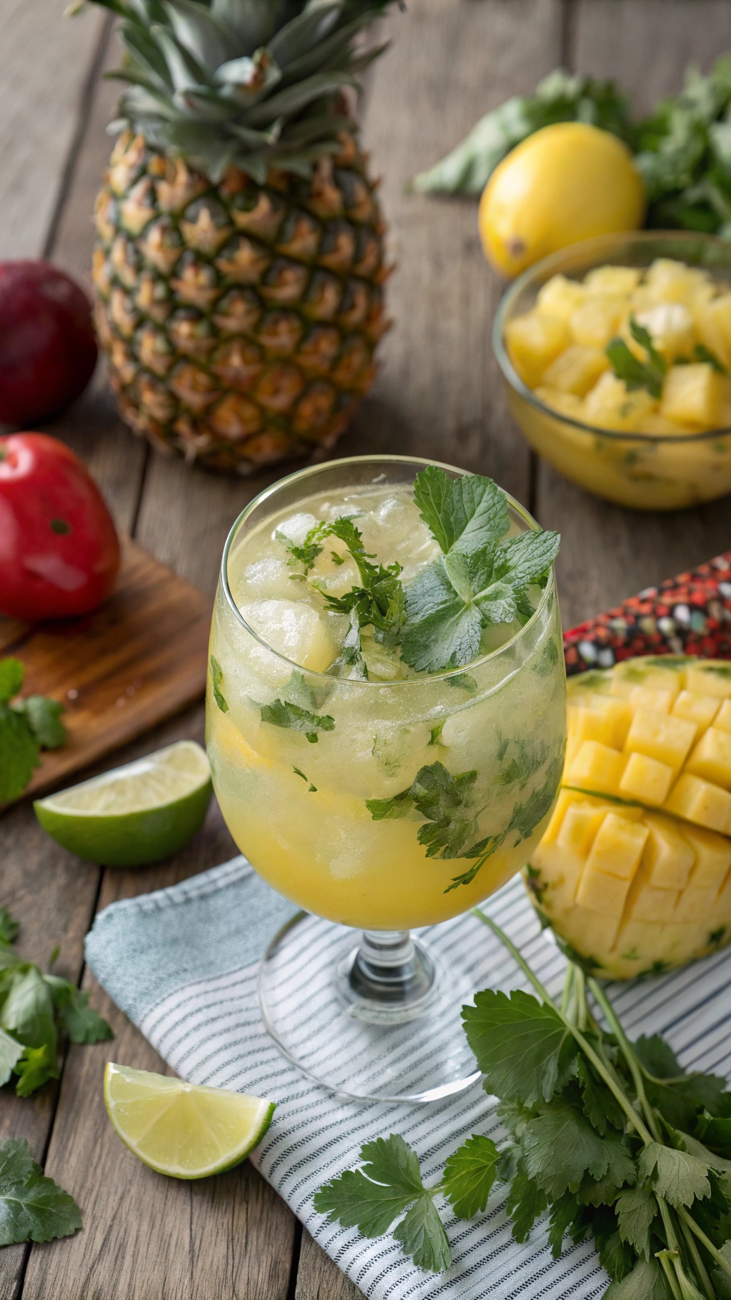A glass of Cilantro Pineapple Twist Mocktail with ice and garnished with cilantro, surrounded by fresh fruits.