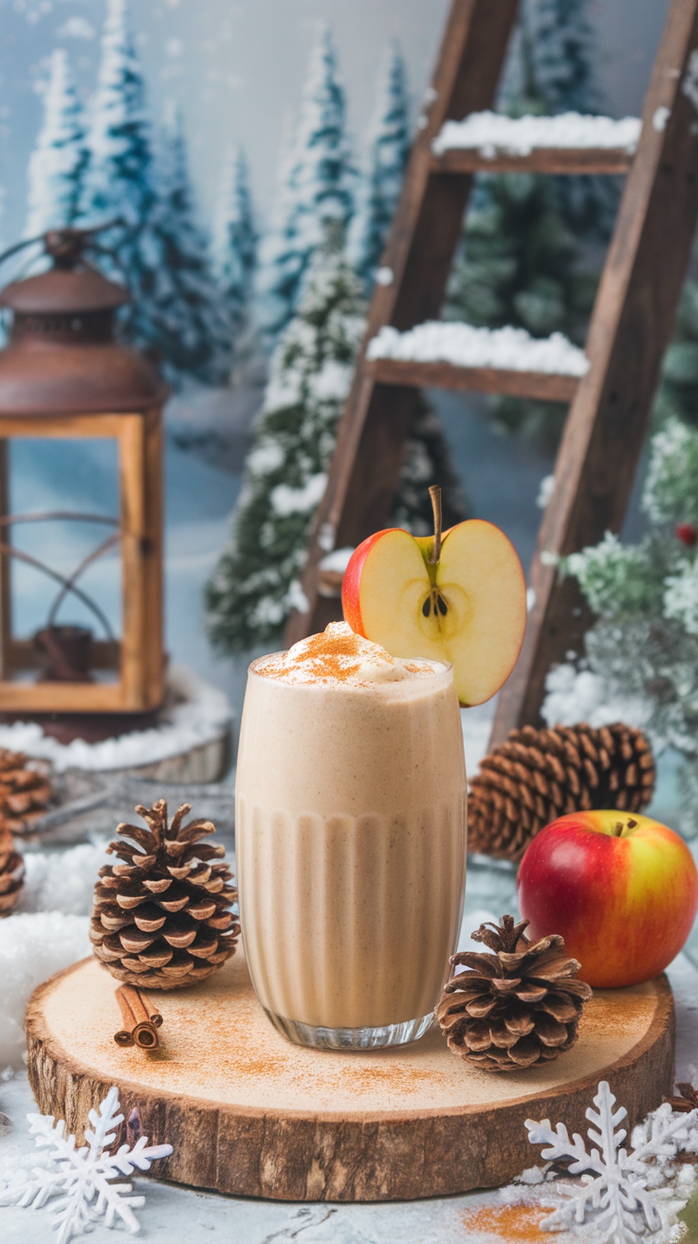 A delicious Cinnamon Apple Pie Smoothie garnished with apple slices, surrounded by pine cones and a wintery backdrop.