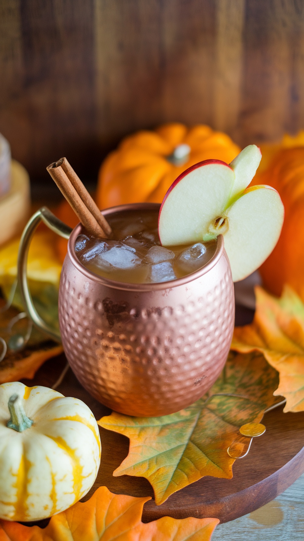 A copper mug filled with a cinnamon maple mule mocktail, garnished with apple slices and cinnamon sticks, surrounded by pumpkins and autumn leaves.