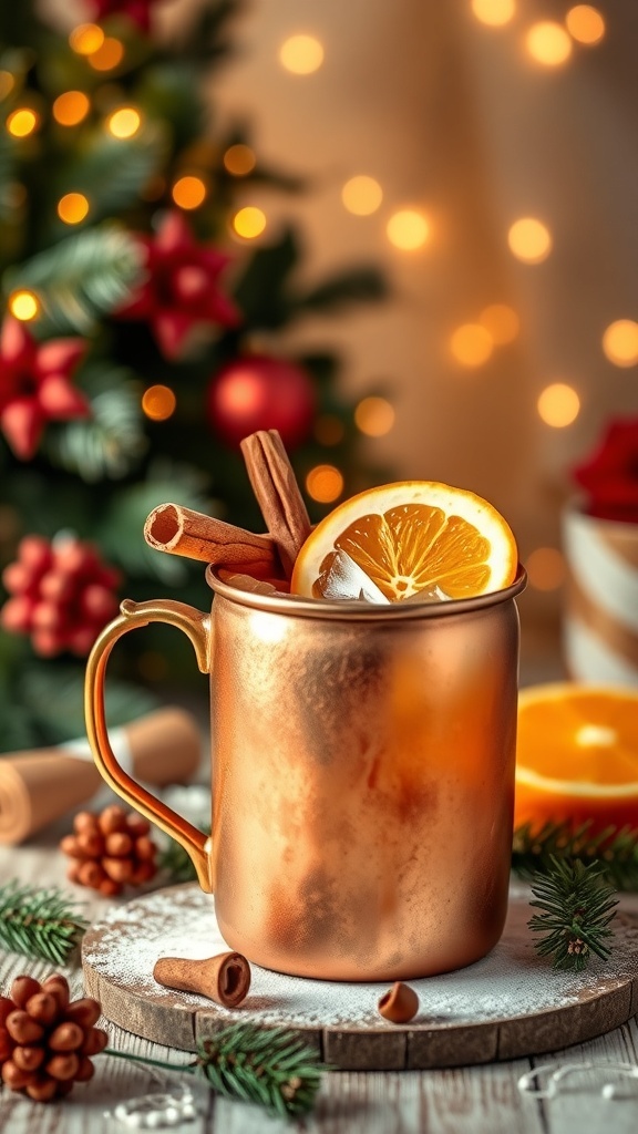 A copper mug filled with a Cinnamon Orange Mule Mocktail, garnished with orange slices and cinnamon sticks, set against a festive background.