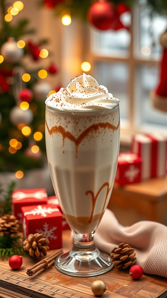A festive cinnamon roll smoothie topped with whipped cream, surrounded by Christmas decorations.