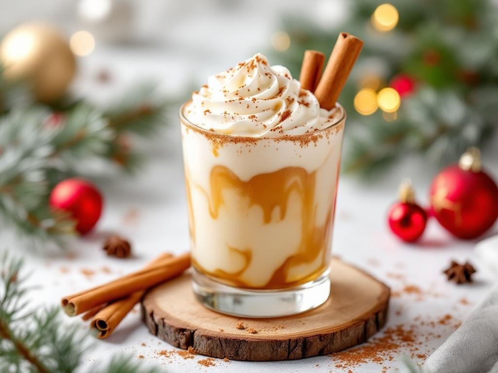 A festive cinnamon roll mocktail garnished with whipped cream and cinnamon sticks.