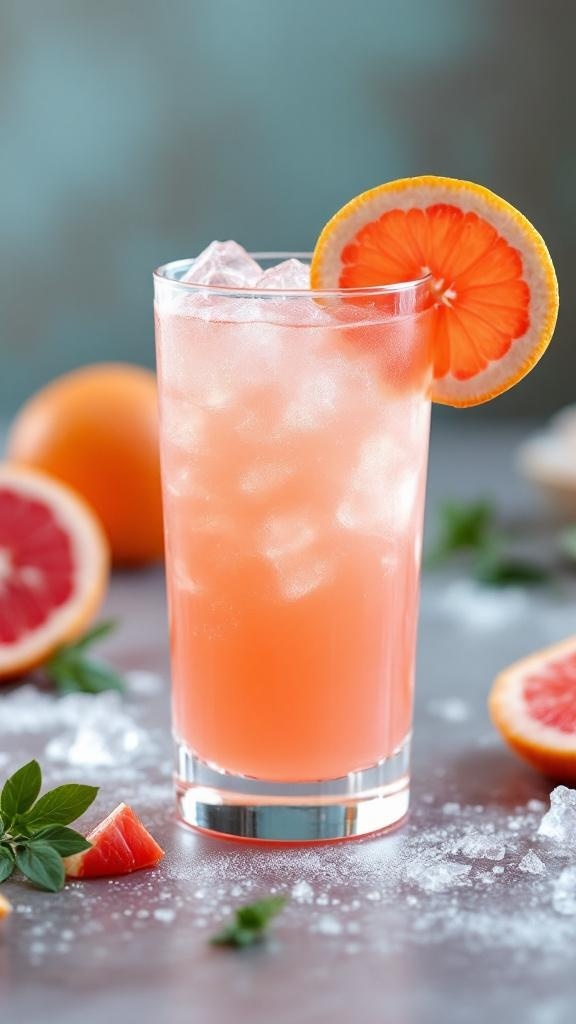 A refreshing Citrus Paloma Fizz Mocktail served in a glass with ice and garnished with a slice of orange.