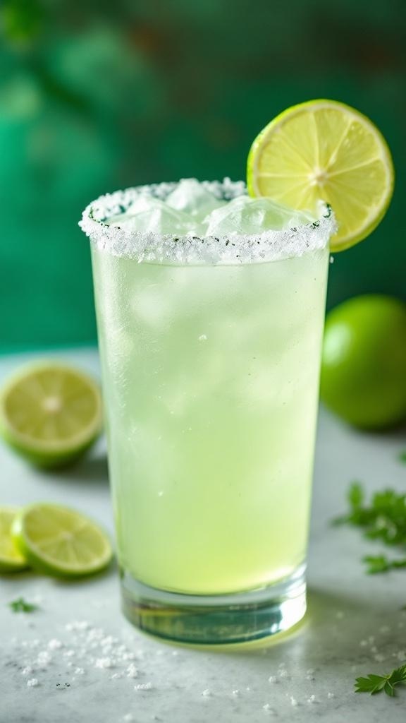 A refreshing virgin margarita mocktail with lime and salt rim