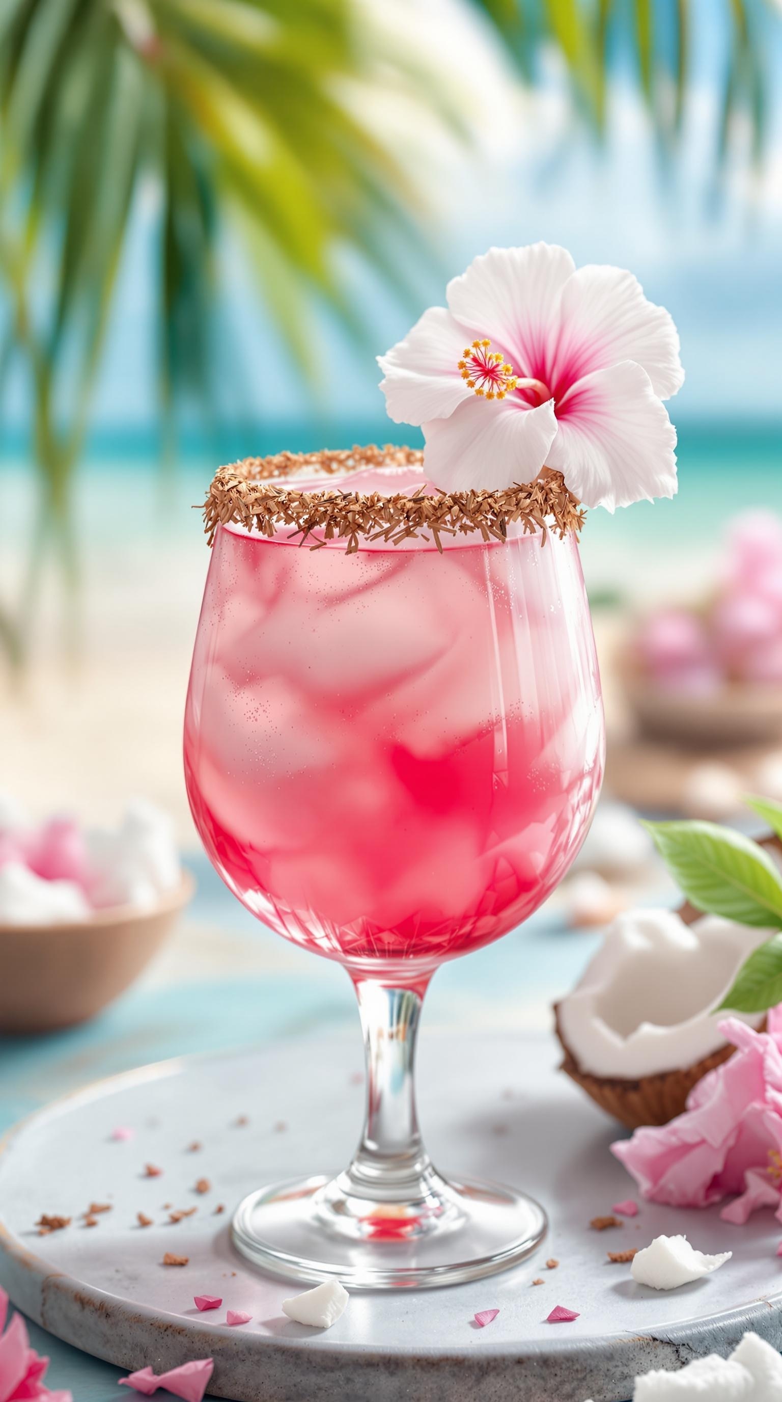 A colorful Coconut Hibiscus Breeze Mocktail garnished with a flower, set against a tropical background.