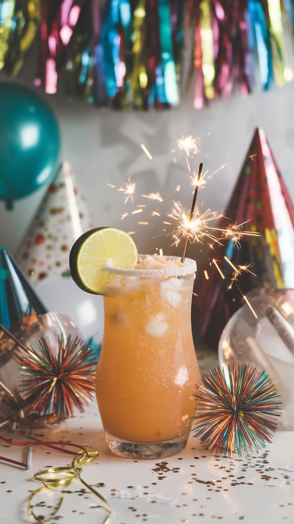 A vibrant Coconut Lime Firework Mocktail with a lime slice and sparkler, surrounded by festive decorations.
