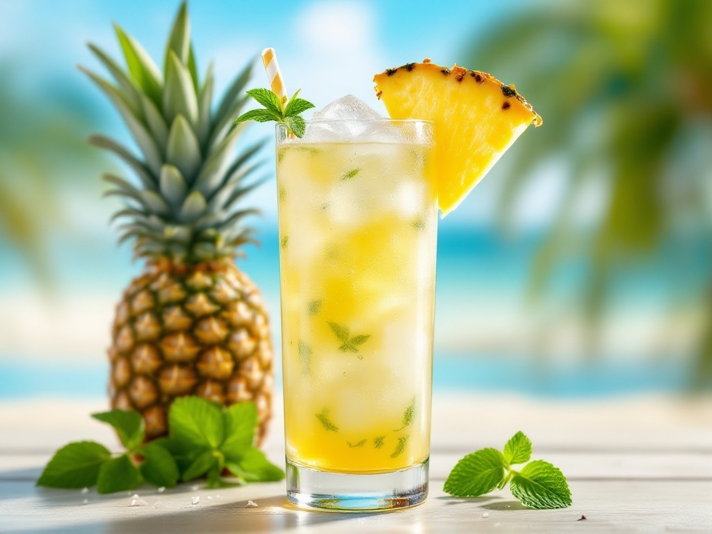 A refreshing Coconut Pineapple Sparkler mocktail with a slice of pineapple and mint leaves.