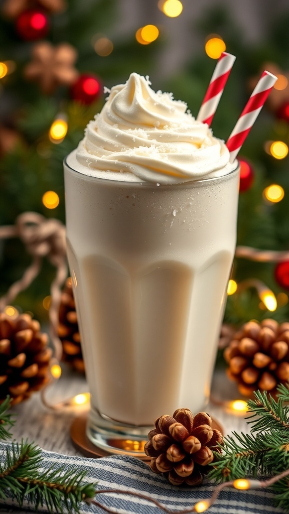 A Coconut Snowball Smoothie topped with whipped cream and festive decorations.