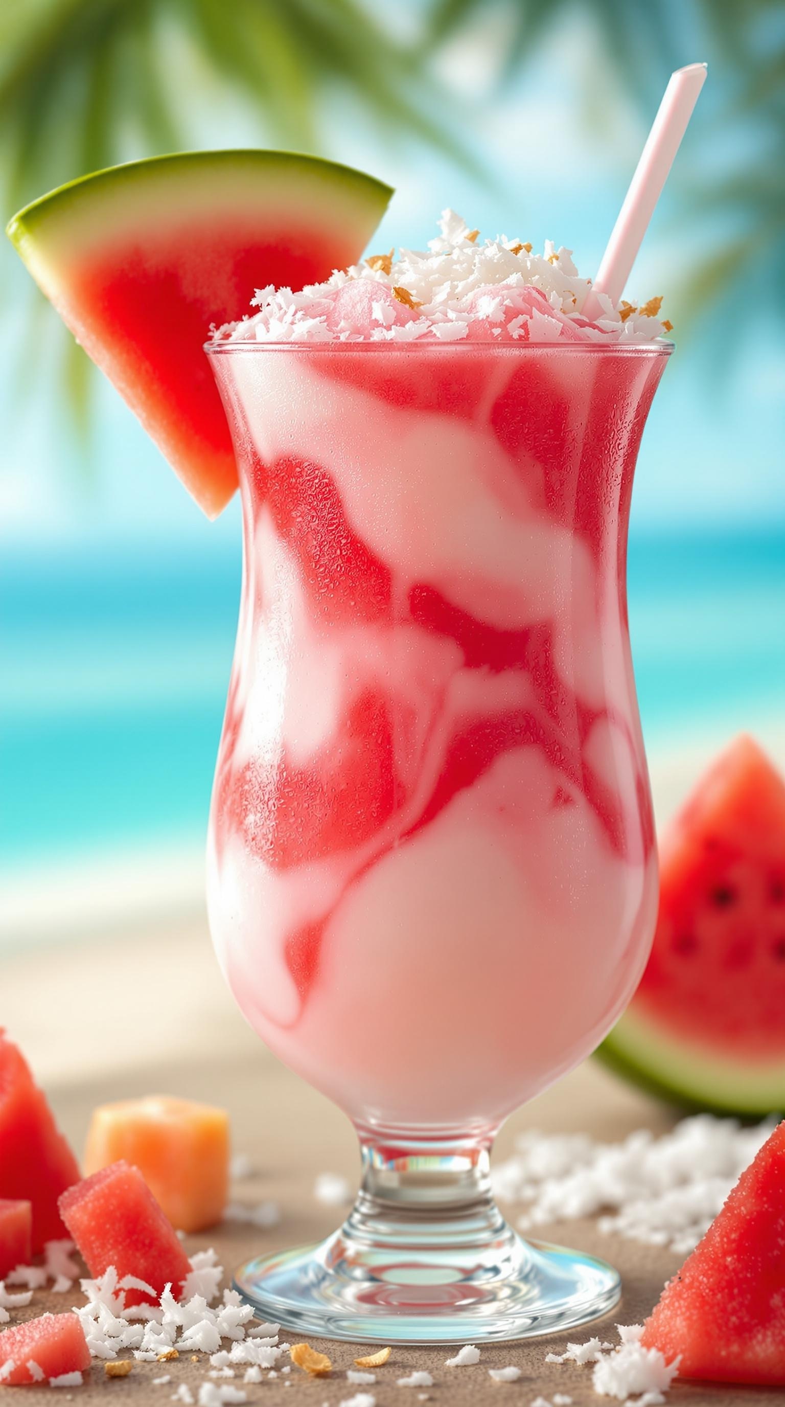 A vibrant Coconut Watermelon Wave Mocktail garnished with a slice of watermelon and coconut flakes.