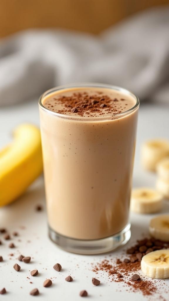 A glass of Coffee Banana Fat-Fighter Smoothie with banana slices and chocolate chips around it.