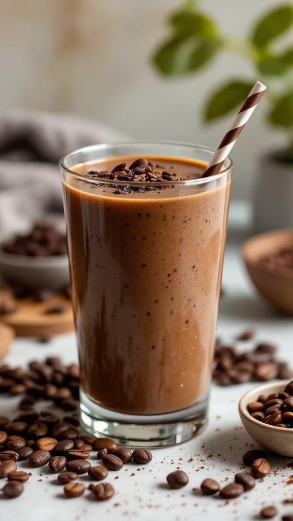 A glass of Coffee Cacao Breakfast Smoothie topped with coffee beans and a striped straw.